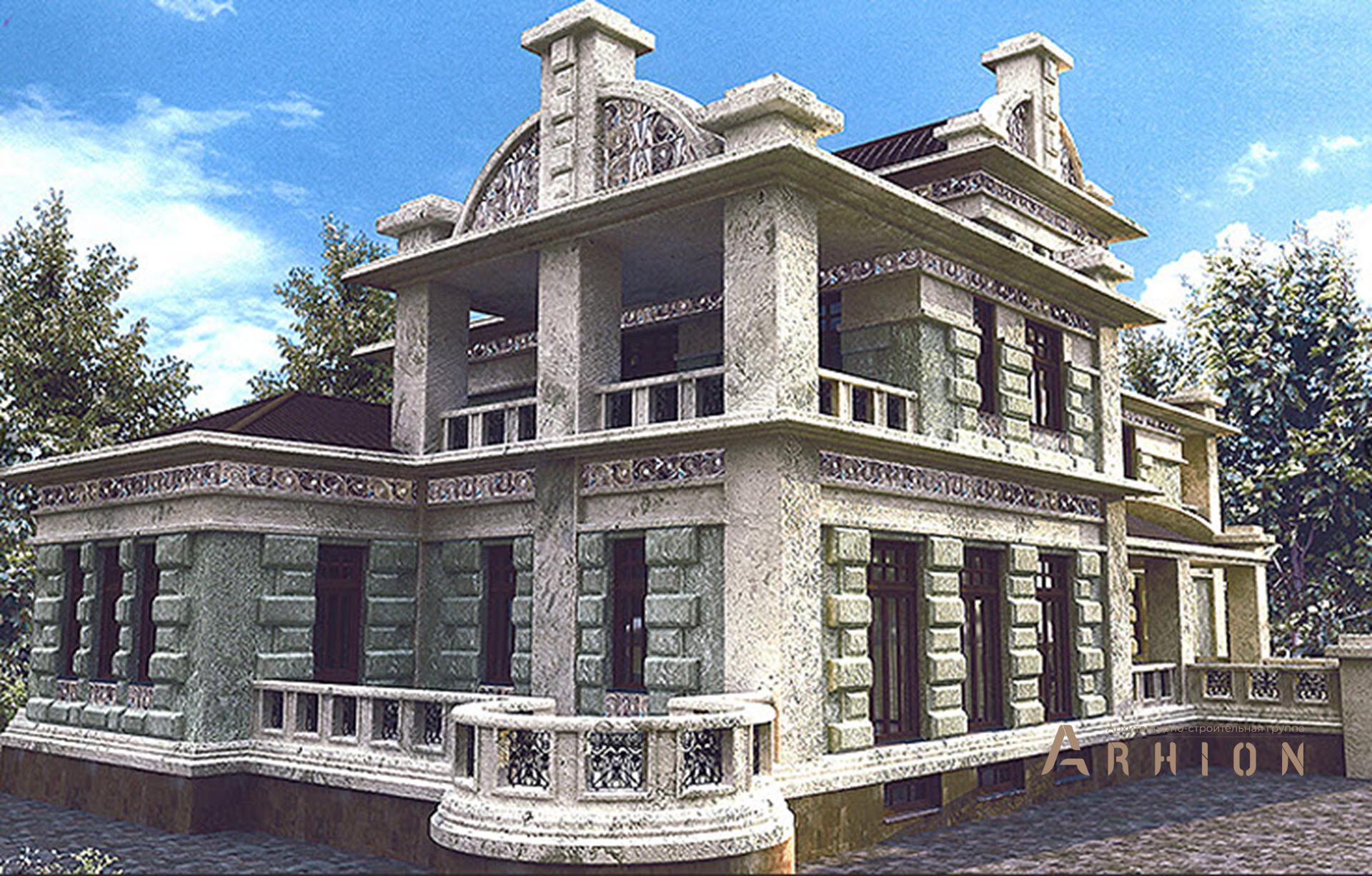 3. Проект двухэтажного дома в замковом стиле с многоскатной кровлей, SOV-8, площадью - 1141 кв c цокольным этажом, терассой, балконом